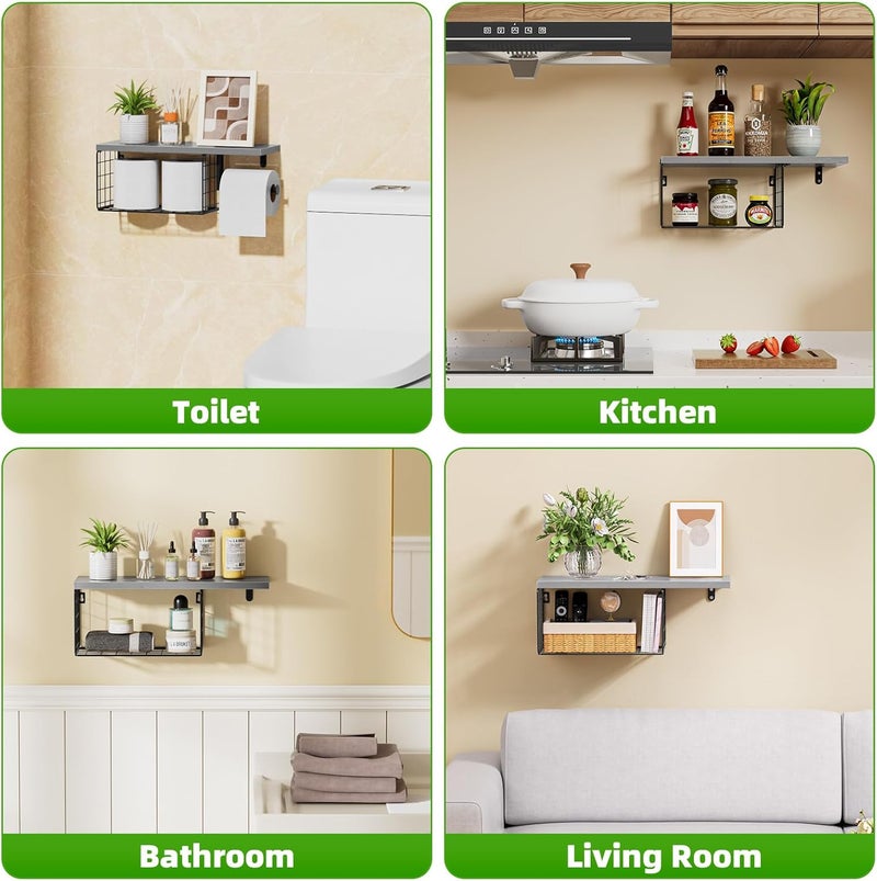 VITVITI Toilet Paper Holder with Shelf, Wall Mounted Toilet Paper Storage Basket, Wood Metal Toilet Roll and Wipes Holder for Bathroom Farmhouse (Gray) - Image 2